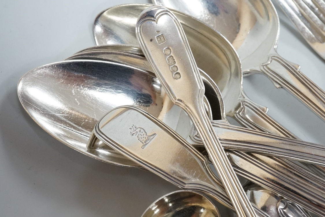 A part canteen of early 19th century silver fiddle and thread pattern flatware by Joseph & Albert Savory, comprising six table and dessert spoons, six table and dessert forks, a pair of sauce ladles, four mustard ladles,